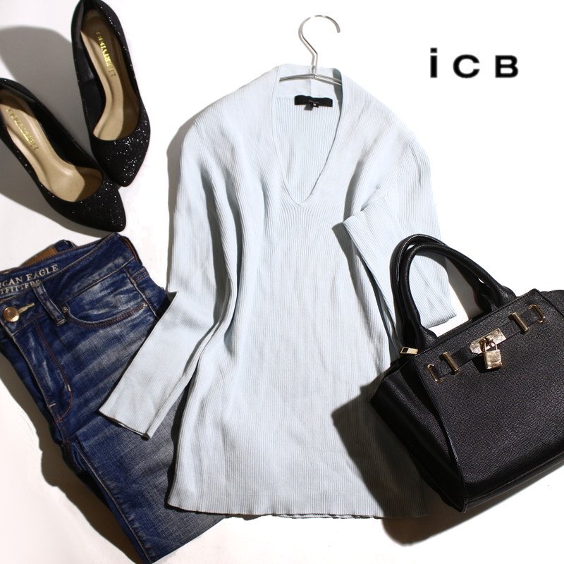 美品 ICB アイシービー 株) オンワード樫山 春 サマーニット デザイン Vネック タイト リブニットカットソー S 水色 カットソー ミセス拍卖