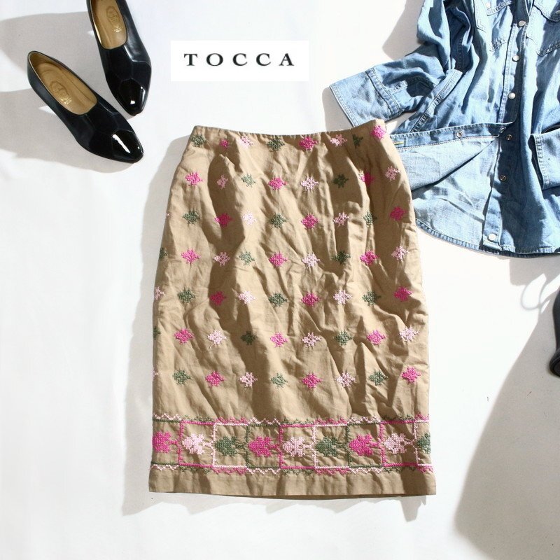TOCCA トッカ アメリカ製 春 夏 コットン 刺繍 花柄 大人可愛い 膝下丈 タイトスカート 0 ベージュブラウン ピンク 可憐拍卖