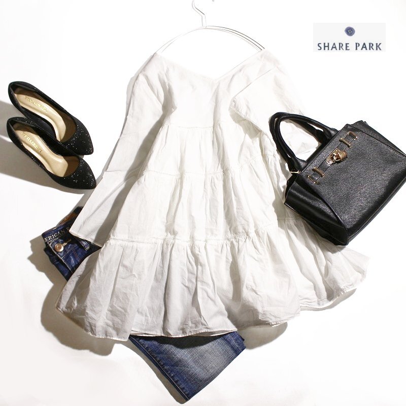 美品 SHARE PARK シェアパーク 株) オンワード樫山 春 夏 透け 薄手 コットン ティアード チュニックカットソー ホワイト 白 S 可愛い拍卖