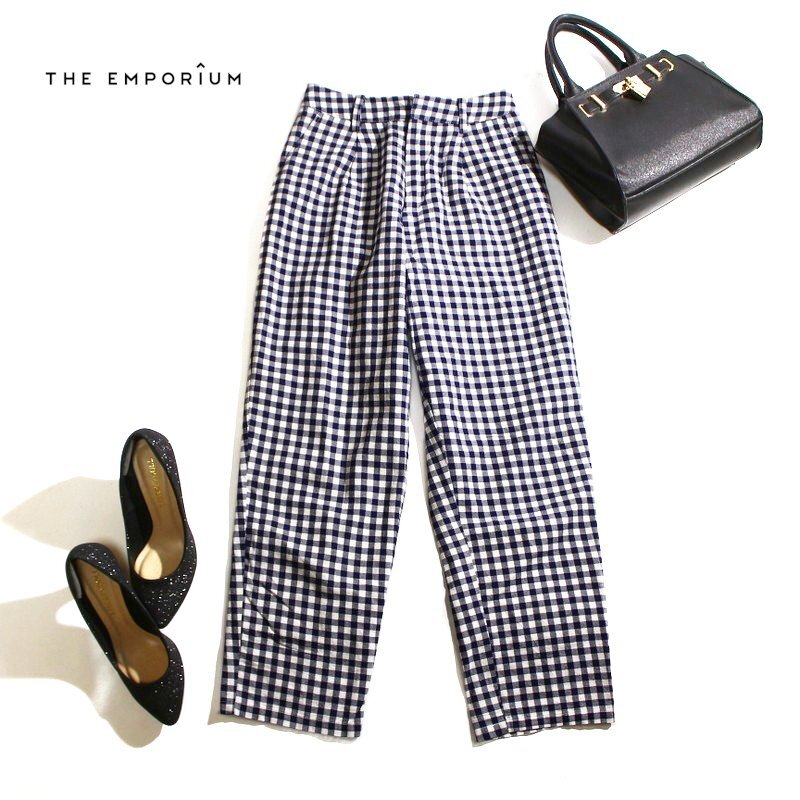 美品 ジ・エンポリアム THE EMPORIUM 株) ワールド 春 夏 可愛い 総柄 ギンガムチェック 柄 パンツ M ネイビー 紺 ホワイト 白 チェック拍卖