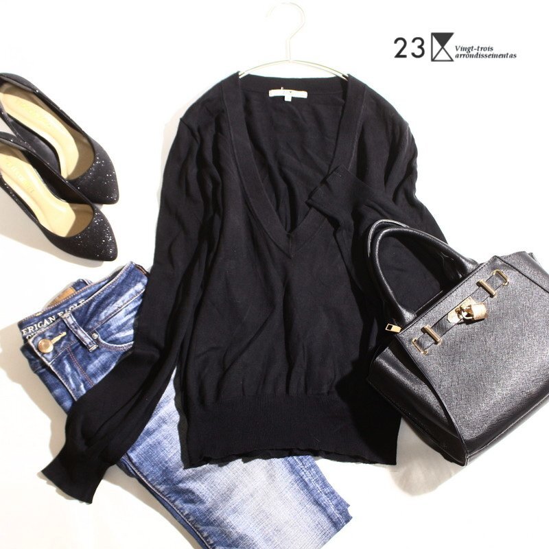 美品 23区 株)オンワード樫山 春 シンプル 無地 コットン サマーニットカットソー Vネック カットソー 38 9号 ブラック 黒 ミセス オフィス拍卖