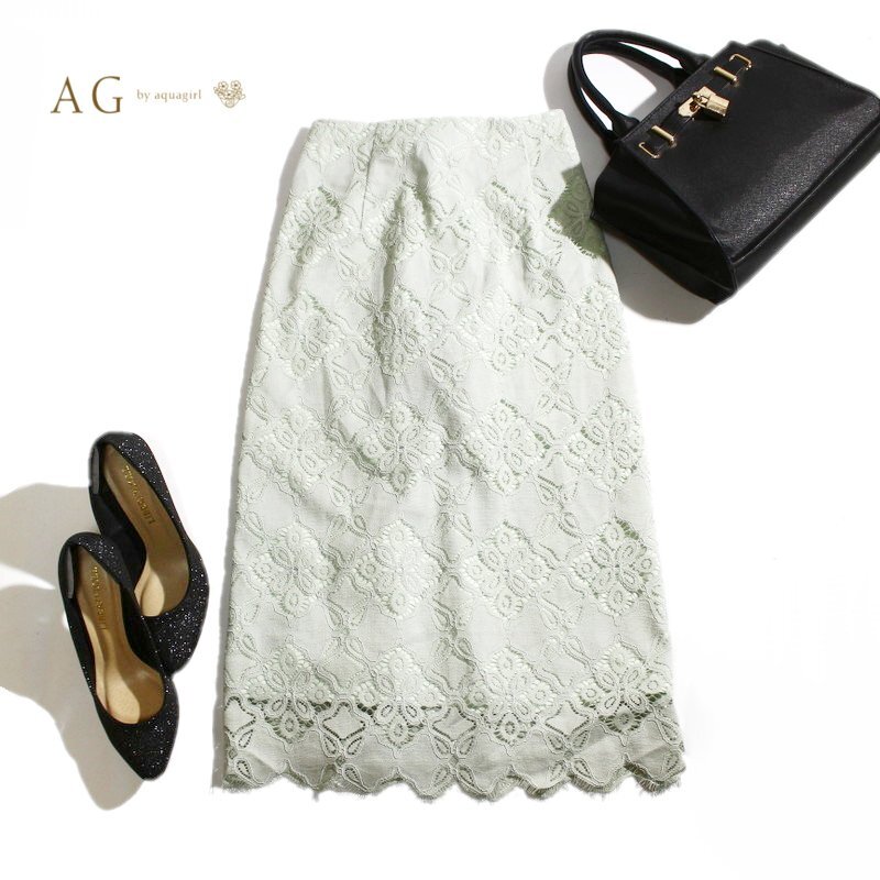 美品 aquagirl アクアガール 株) ワールド 春 夏 きれい色 フォーマル 清楚 レースタイトスカート S 黄緑 ミントレーススカート スカート拍卖