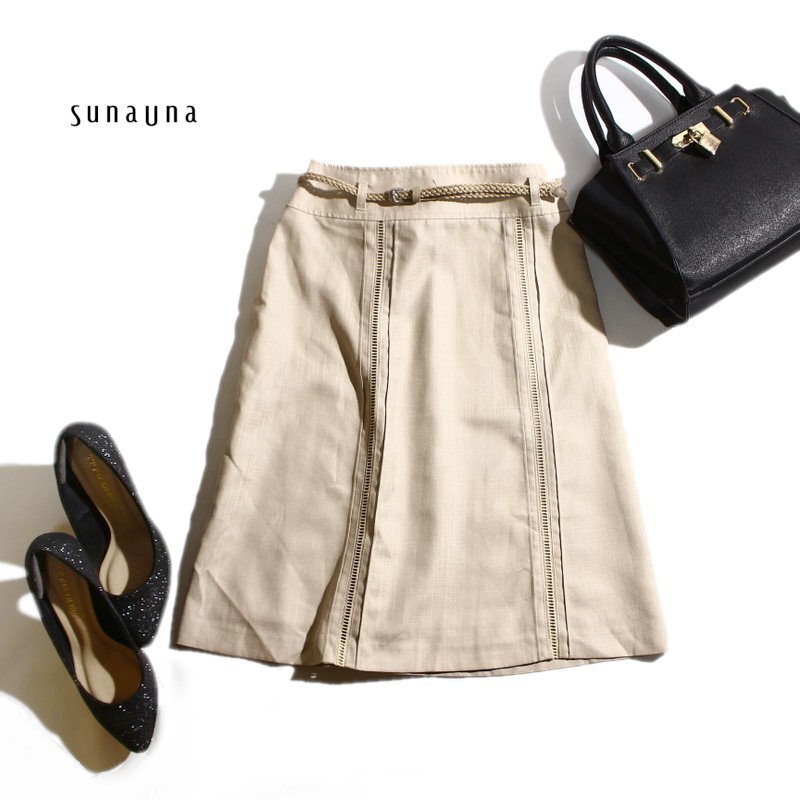 美品 スーナウーナ SunaUna 株) ワールド 春 夏 ベルト付き ポリエステル スーツ 飾レース Aライン フレアスカート 7号 36 ベージュ 綺麗め拍卖