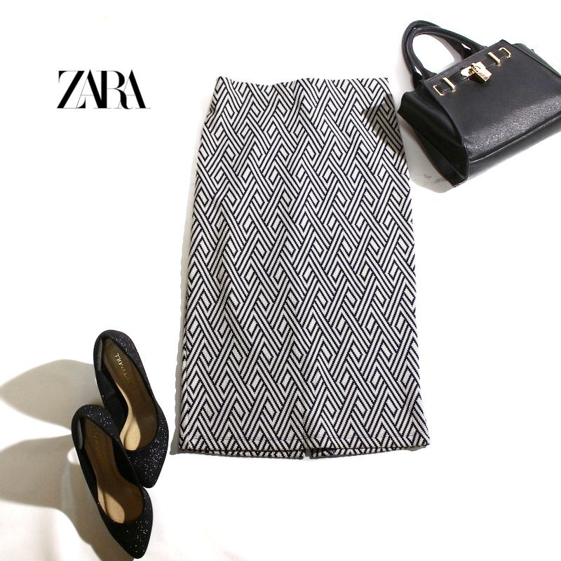 美品 ZARA ザラ 春 夏 ストレッチ ジグザグ ジャガード 柄 ジャージ― タイトスカート M ホワイト 白 ネイビー 紺 リゾート お社得拍卖