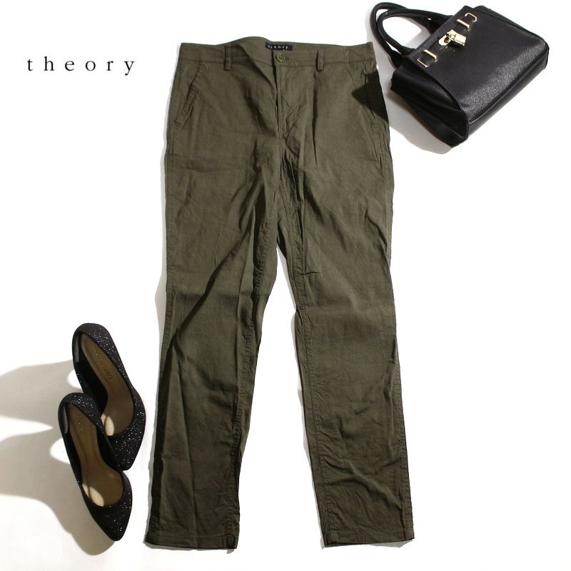美品 セオリー Theory 春 夏 シンプル ナチュラル リネンパンツ 2 カーキ グリーン 緑 ウエスト61 ストレッチ 通勤 オフィス 綺麗め拍卖