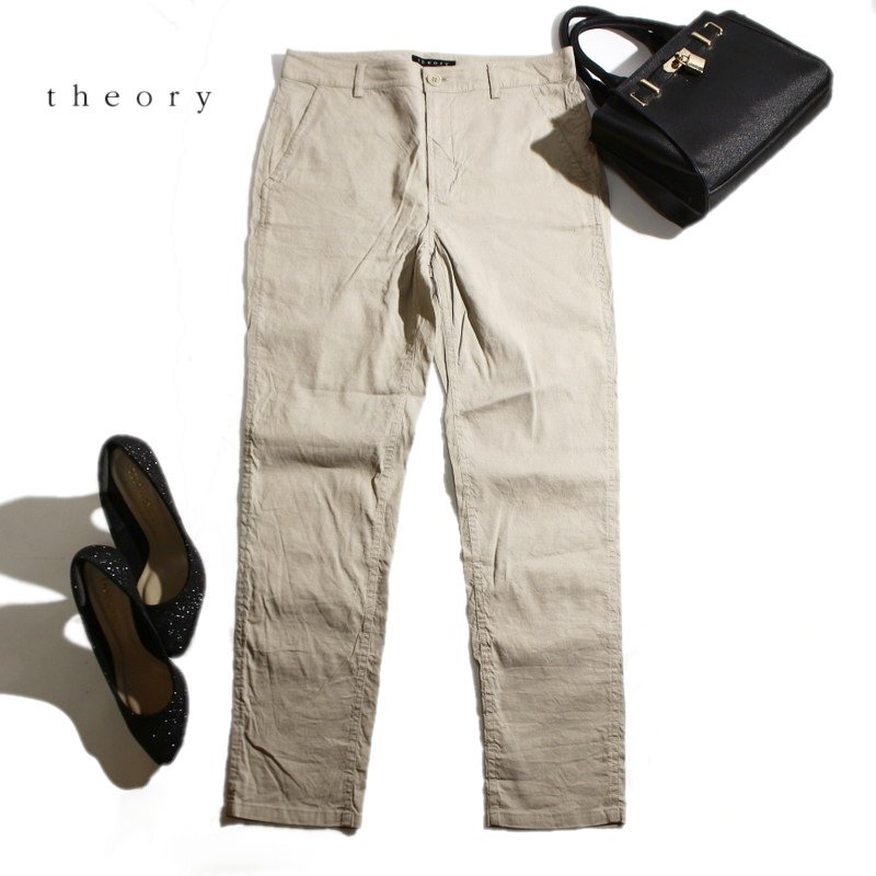 セオリー Theory 春 夏 シンプル ナチュラル リネンパンツ 2 ベージュ グレー ウエスト61 ストレッチ 通勤 オフィス 綺麗め拍卖