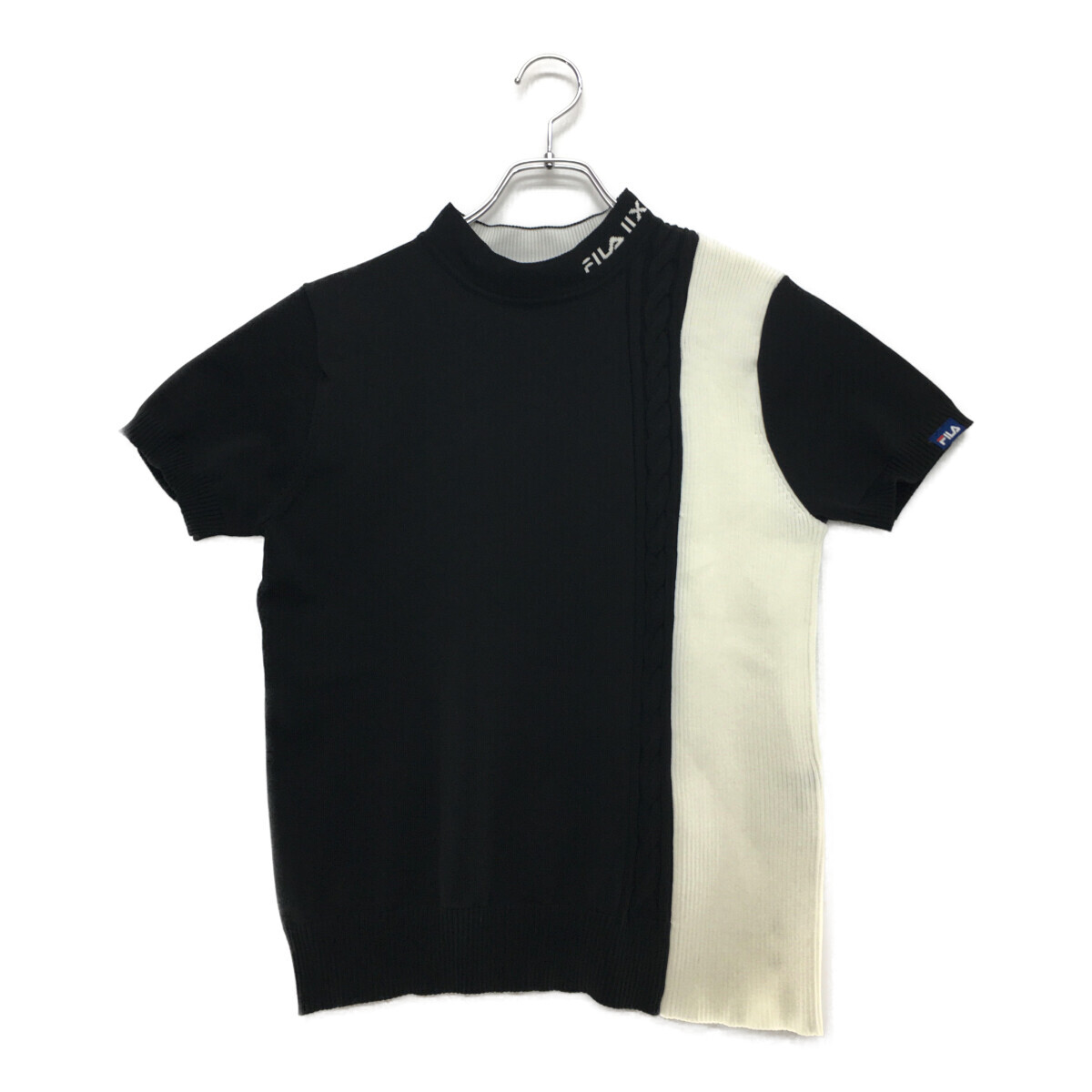 coco 中古【値下げ】 フィラ FILA レディース ニット L 黒×白 ブラック×ホワイト 半袖 モックネック レターパックプラス発送可 98179拍卖