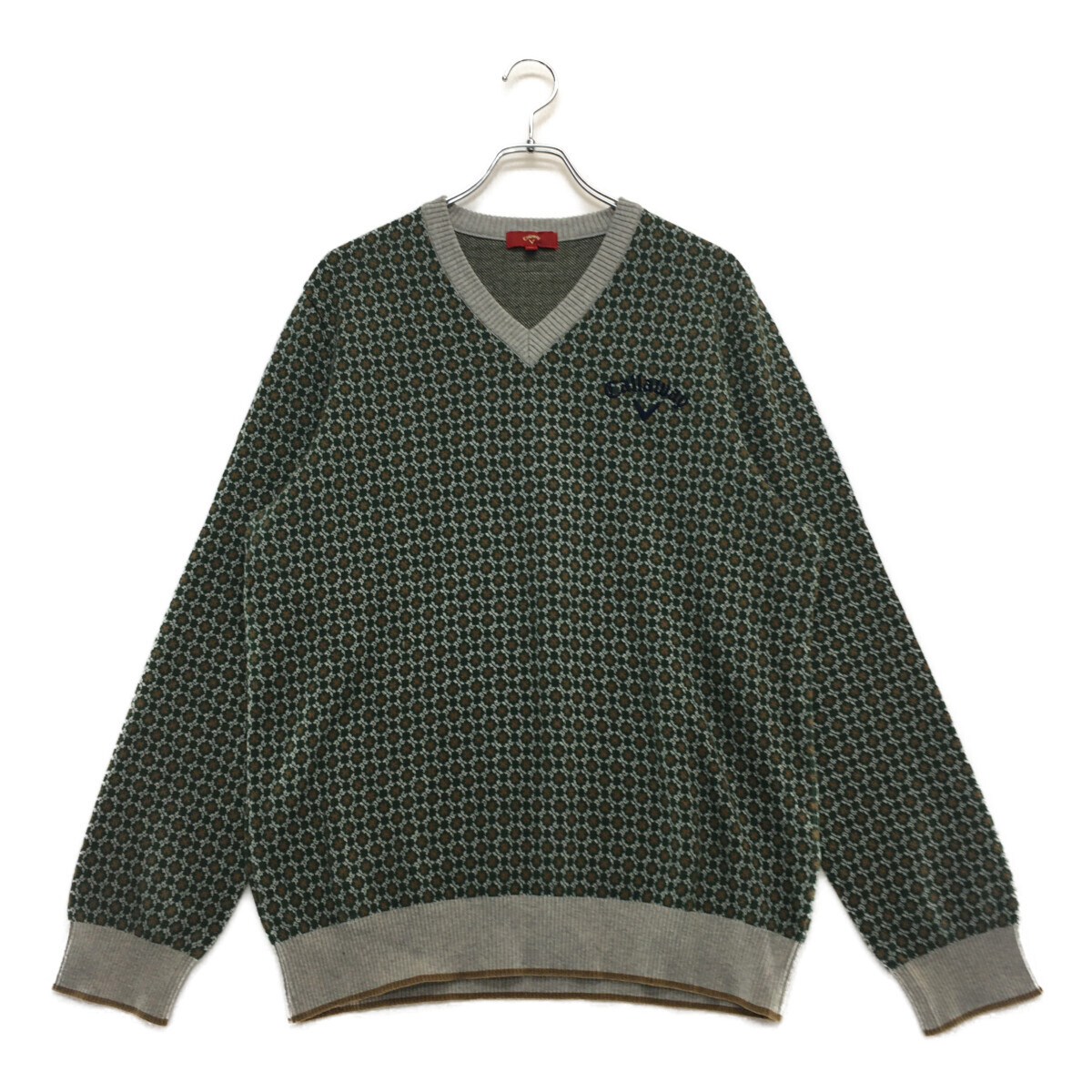 coco 中古【値下げ】 キャロウェイ Callaway メンズ セーター LL グレー×緑 総柄 Vネック カシミヤ混 レターパックプラス発送可 100296拍卖