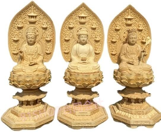 「81SHOP」西方三聖 仏像 阿弥陀仏観世音菩薩大勢至飛天光背 八角台座 檜木 桧木 置物 開運 祈る 厄除け (高さ32cm×巾12cm×奥行12cm)拍卖