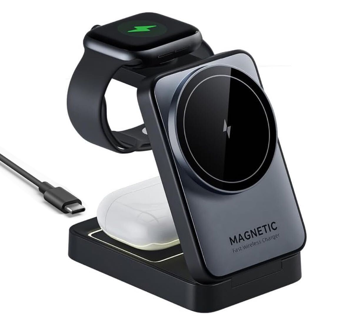 Magsafe対応 15W急速 折り畳み式 マグネット 3in1 ワイヤレス充電器 マグネット式 3-in-1 拍卖