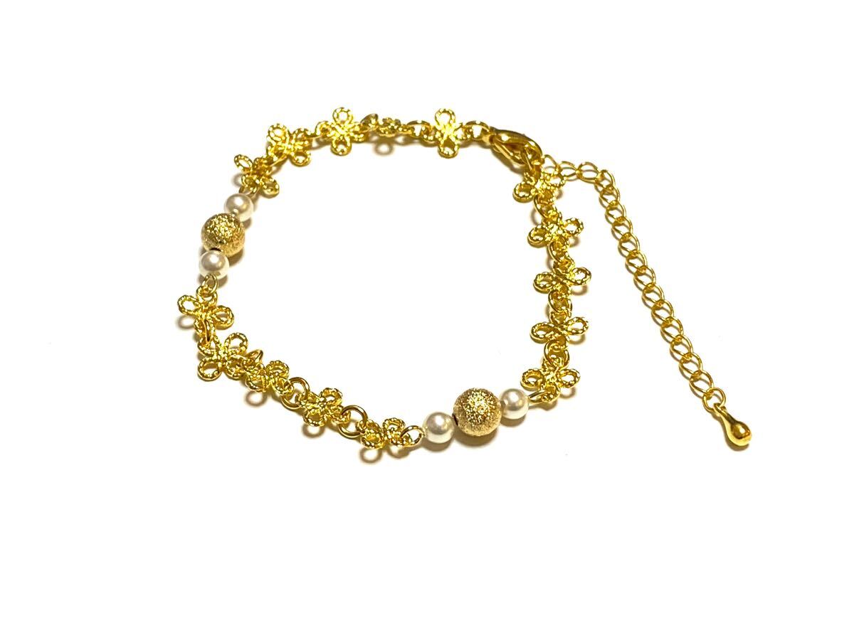 ハンドメイド★メタリックボールとスワロパールのフラワーチェーンブレスレット(832)値下げ拍卖