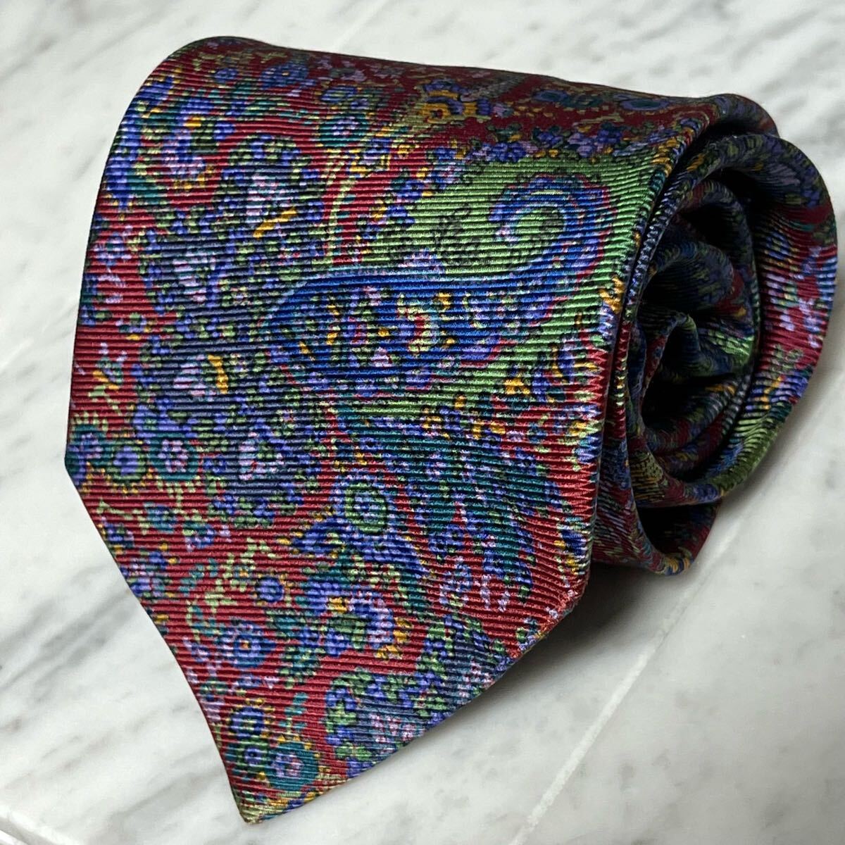 【美品】 999円~ Yves Saint Laurent ネクタイ レッド ネイビー ペイズリー柄 (R4)拍卖