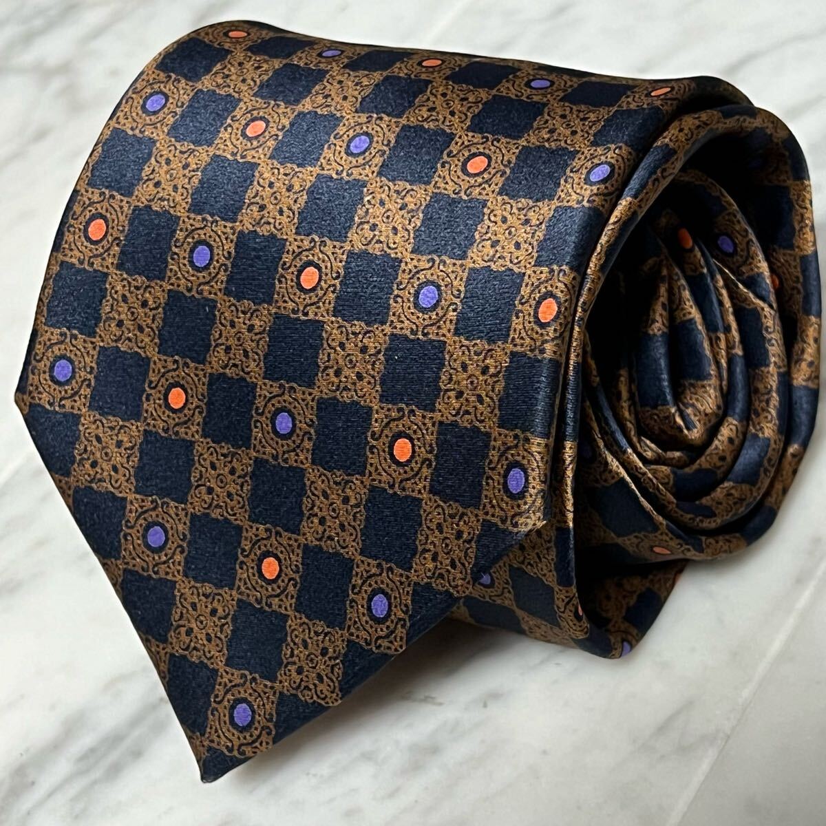 770円~ S.T.Dupont ネクタイ ブラウン ネイビー ドット 格子柄 (GREEN B2)拍卖