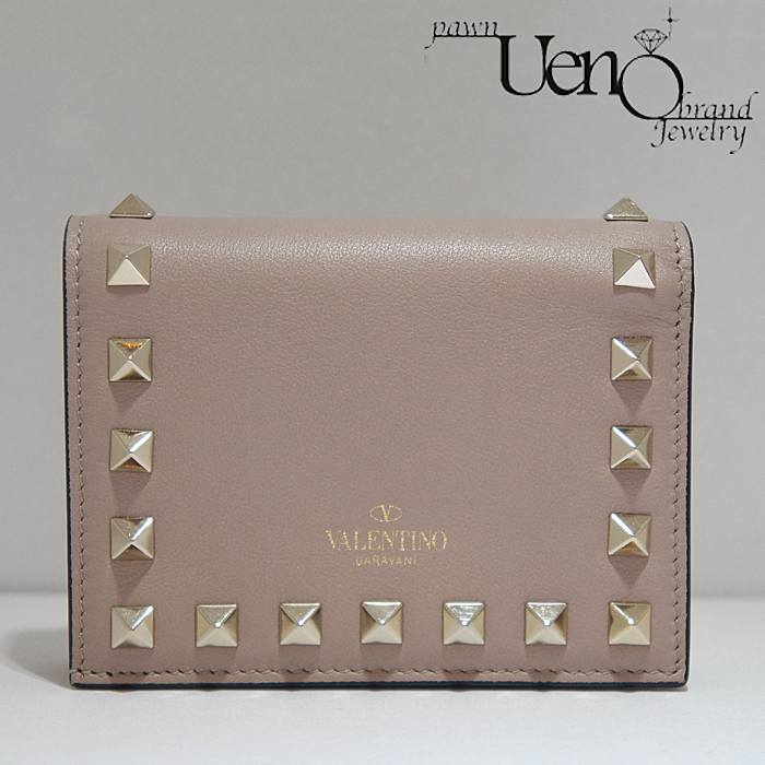 【質屋】送料無料!VALENTINO GARAVANI ヴァレンティノ・ガラヴァーニ ロックスタッズ 2つ折り財布(ベージュ)拍卖