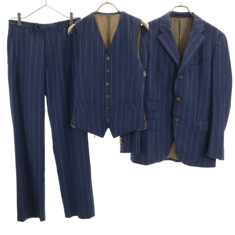 DRAGO ドラゴ ×オンリー ウール 100% ストライプ スリーピース スーツ 上下セットアップ ネイビー ONLY メンズ拍卖