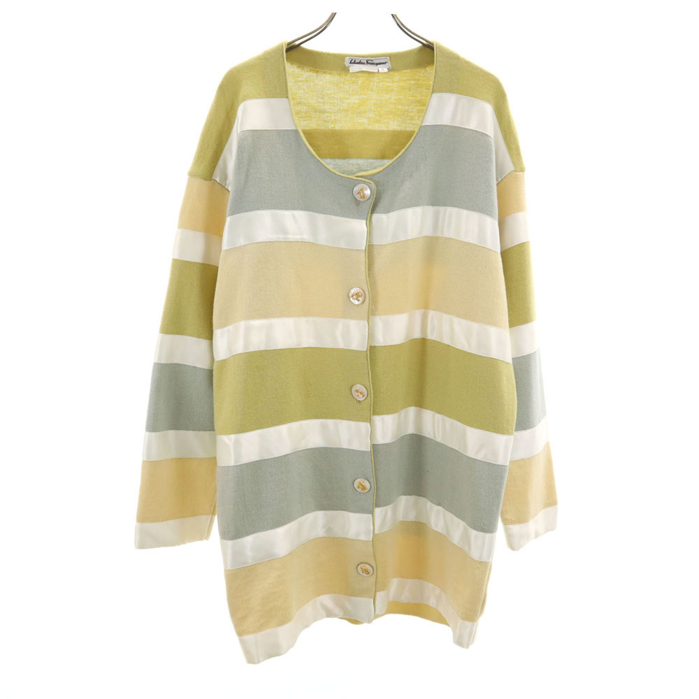Salvatore Ferragamo サルヴァトーレフェラガモ 90s イタリア製 オールド ボーダー柄 長袖 ニットカーディガン M イエロー系 レディース拍卖