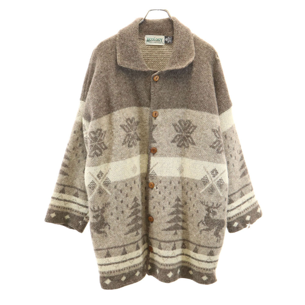 The ECOLOGY エコロジー 90s ニュージーランド製 オールド ノルディック柄 ニット コート M ベージュブラウン メンズ拍卖
