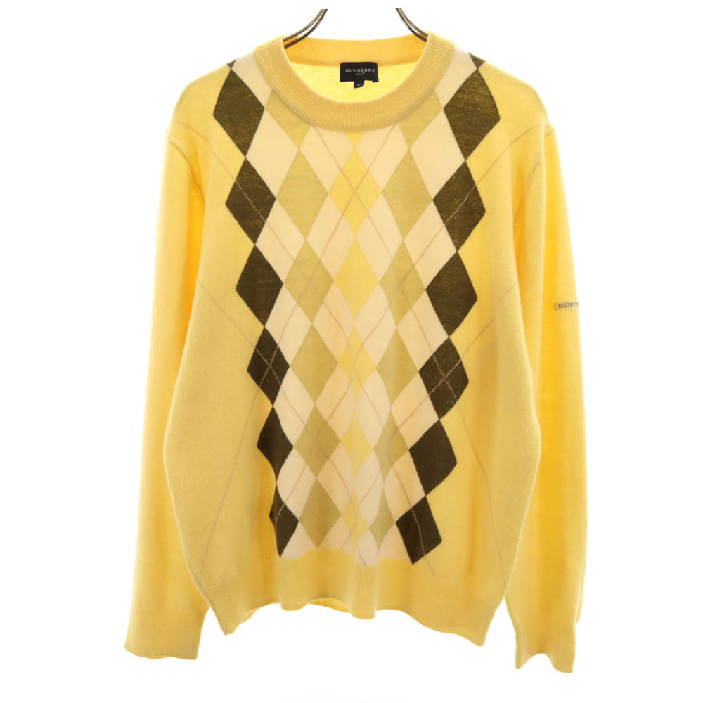 BURBERRY GOLF バーバリーゴルフ ウール100% アーガイル柄 ゴルフ 長袖 セーター L イエロー系 ニット レディース拍卖