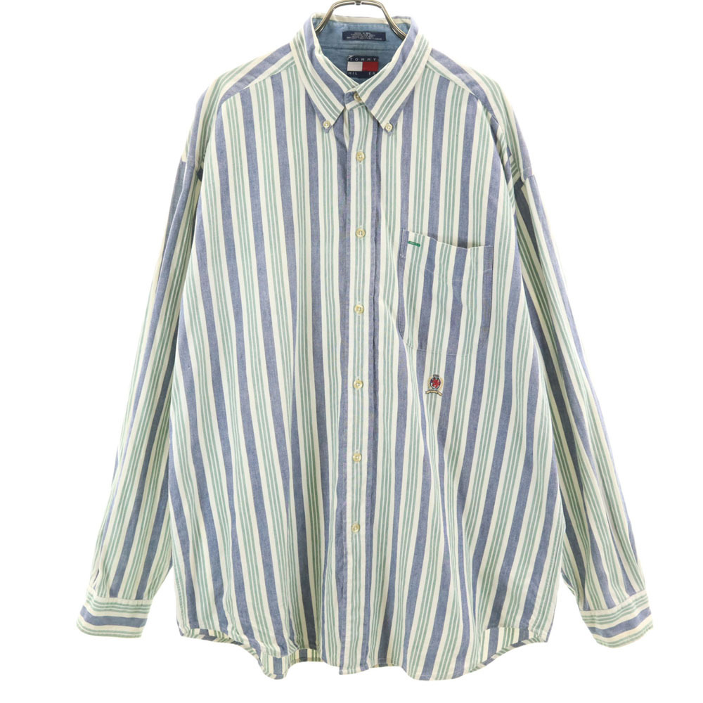 TOMMY HILFIGER トミーヒルフィガー 90s オールド フラッグタグ ストライプ柄 長袖 ボタンダウンシャツ L ホワイト 他 メンズ拍卖