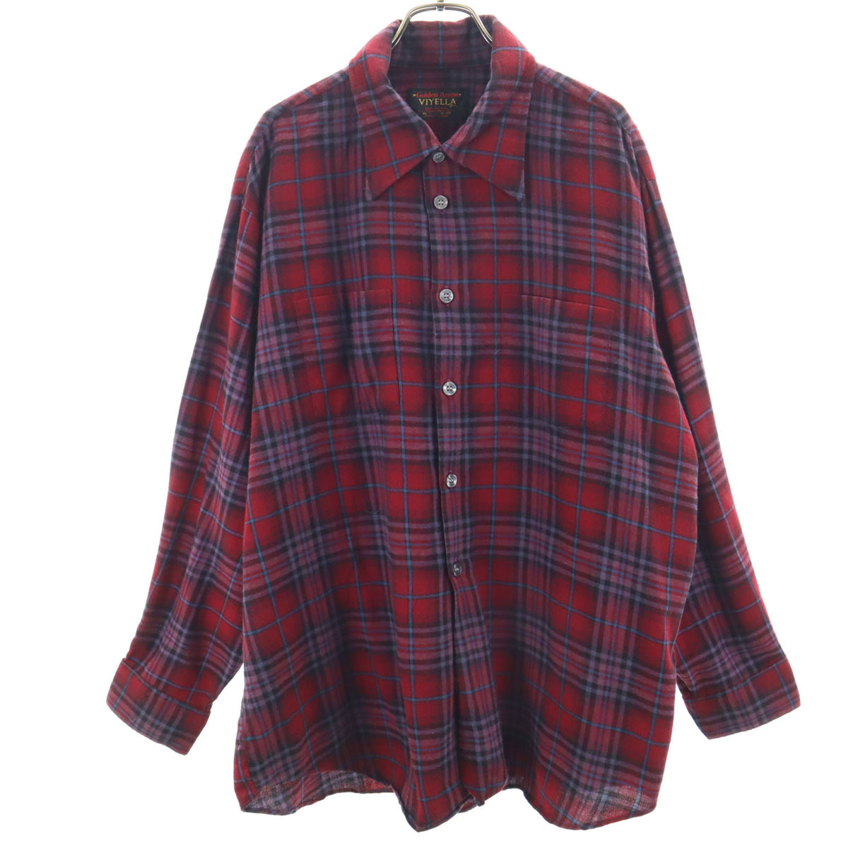 VIYELLA 70s ヴィンテージ ウールブレンド チェック柄 長袖 ウールシャツ XL レッド メンズ拍卖