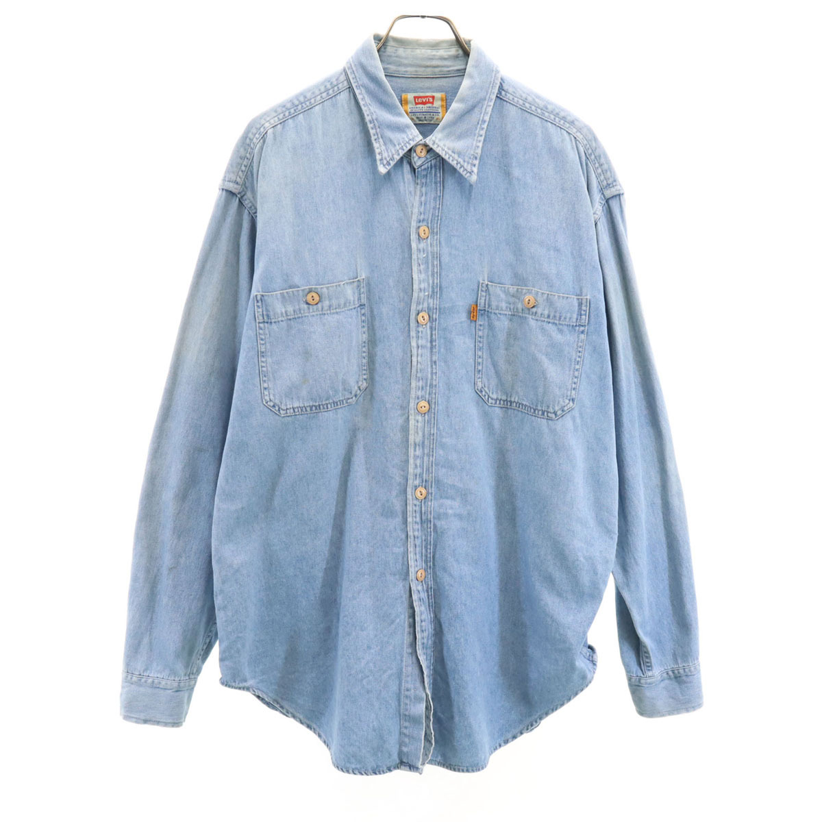 Levi's リーバイス 90s オールド 猫目ボタン オレンジタブ 長袖 コットンシャツ XL ブルー メンズ拍卖