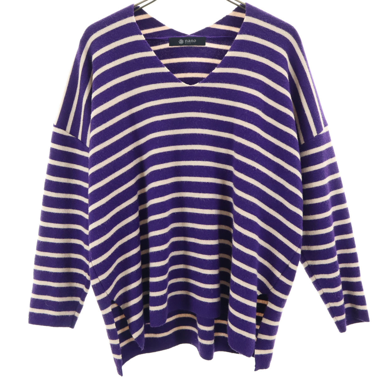 nano universe ナノユニバース ボーダー柄 長袖 Vネック ニット F パープル セーター レディース拍卖