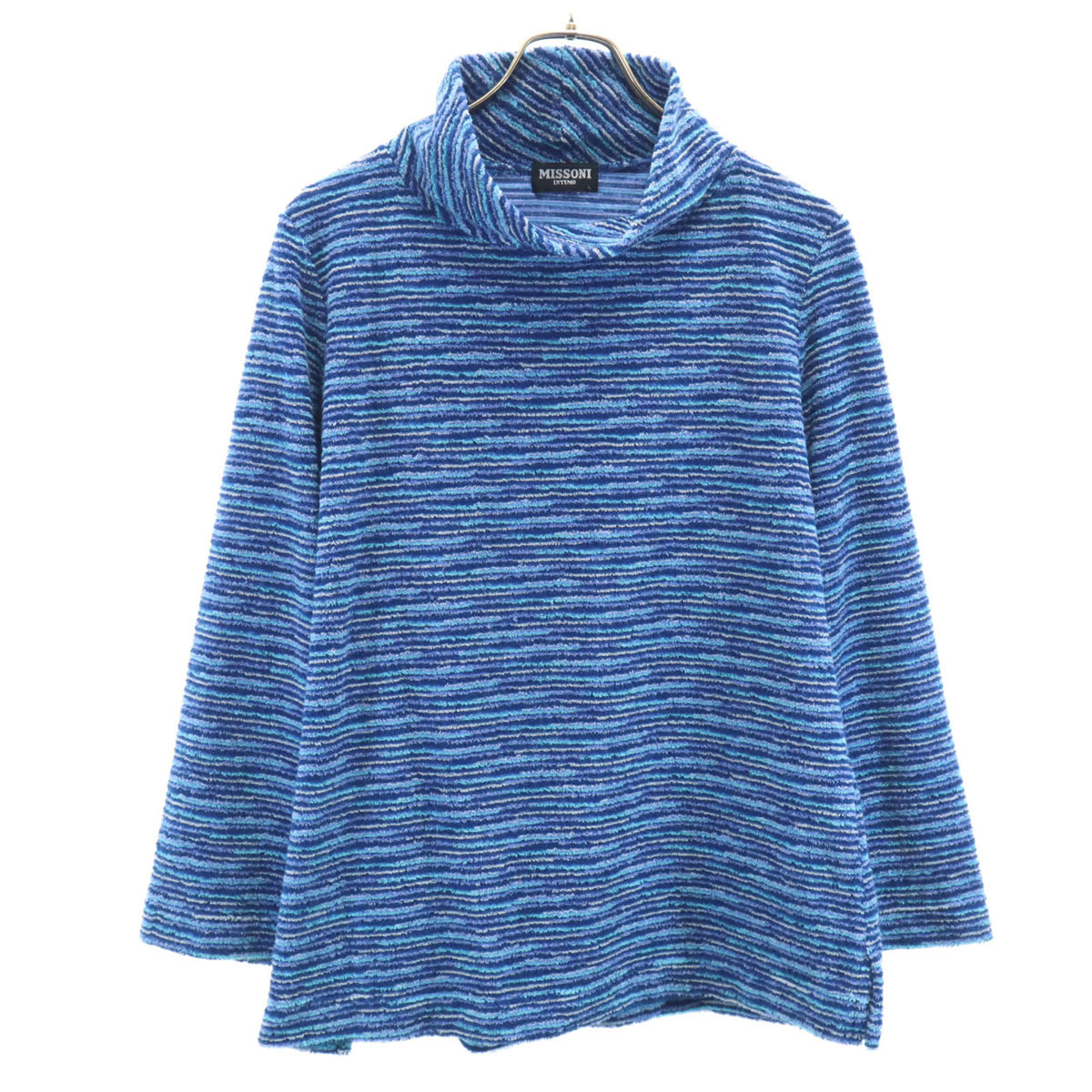 Missoni ミッソーニ 90s 日本製 オールド ボーダー柄 長袖 ハイネック パイル地 セーター L ブルー系 INTIMO レディース拍卖
