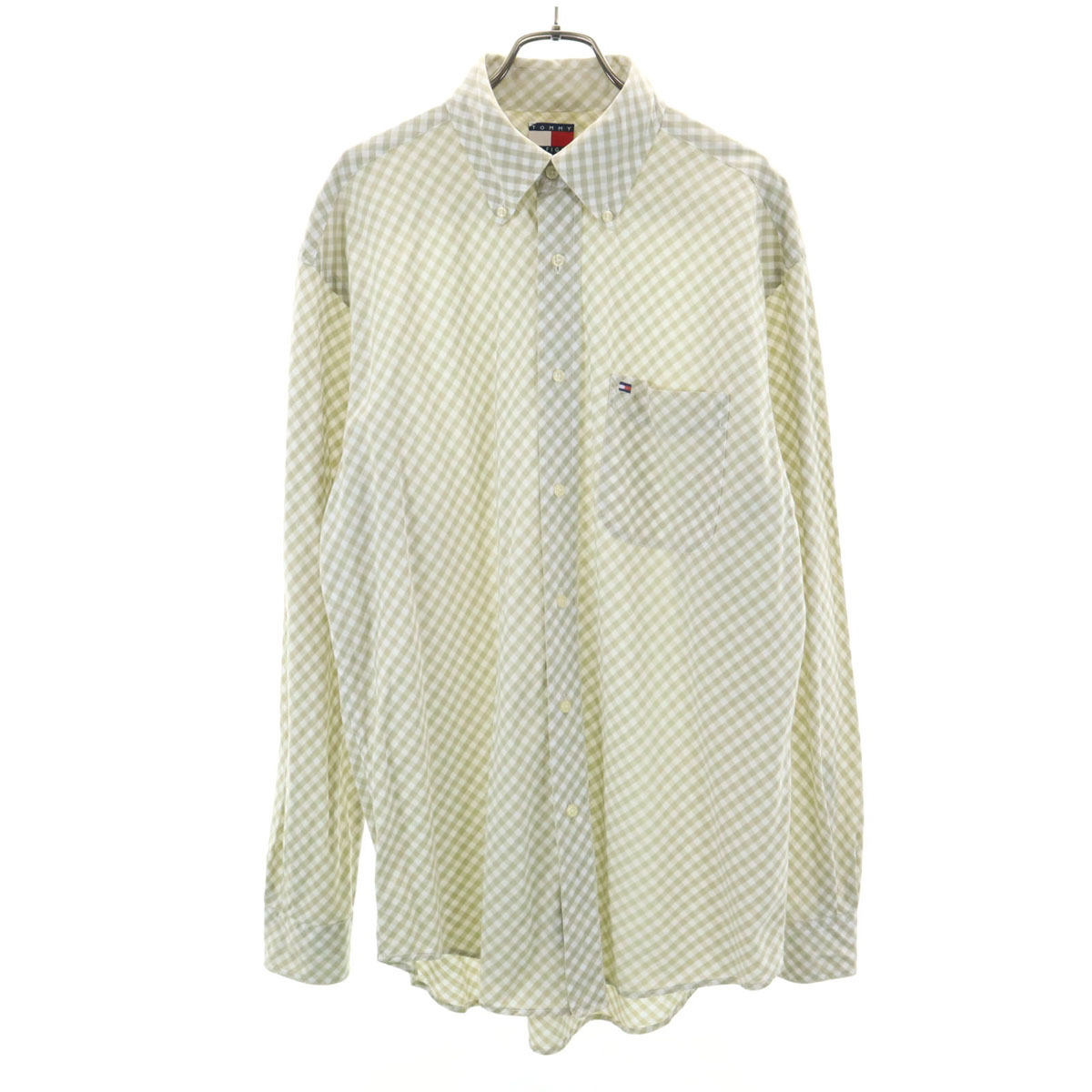 TOMMY HILFIGER トミーヒルフィガー 90s オールド フラッグタグ ギンガムチェック柄 長袖 ボタンダウンシャツ M ライトグリーン メンズ拍卖