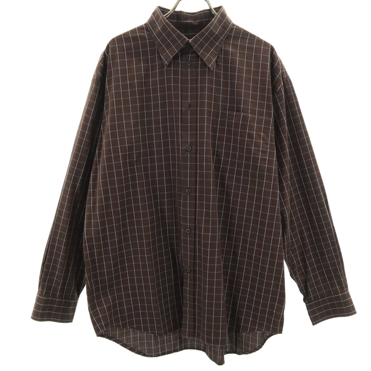 LANVIN LA COLLECTION ランバンコレクション 日本製 チェック柄 長袖 コットンシャツ L ブラウン メンズ拍卖