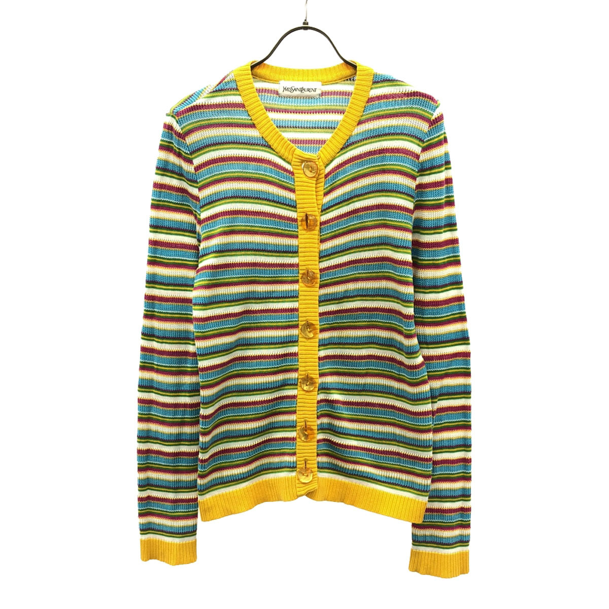 YVES SAINT LAURENT イヴサンローラン 90s オールド ボーダー柄 長袖 コットンニット カーディガン M イエロー系 レディース拍卖