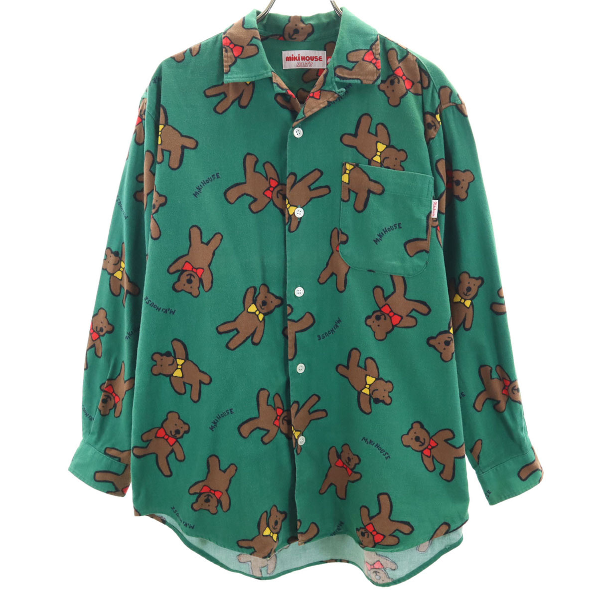 mikihouse ミキハウス 日本製 ベア柄 長袖 フランネル オープンカラーシャツ M グリーン クマ メンズ拍卖