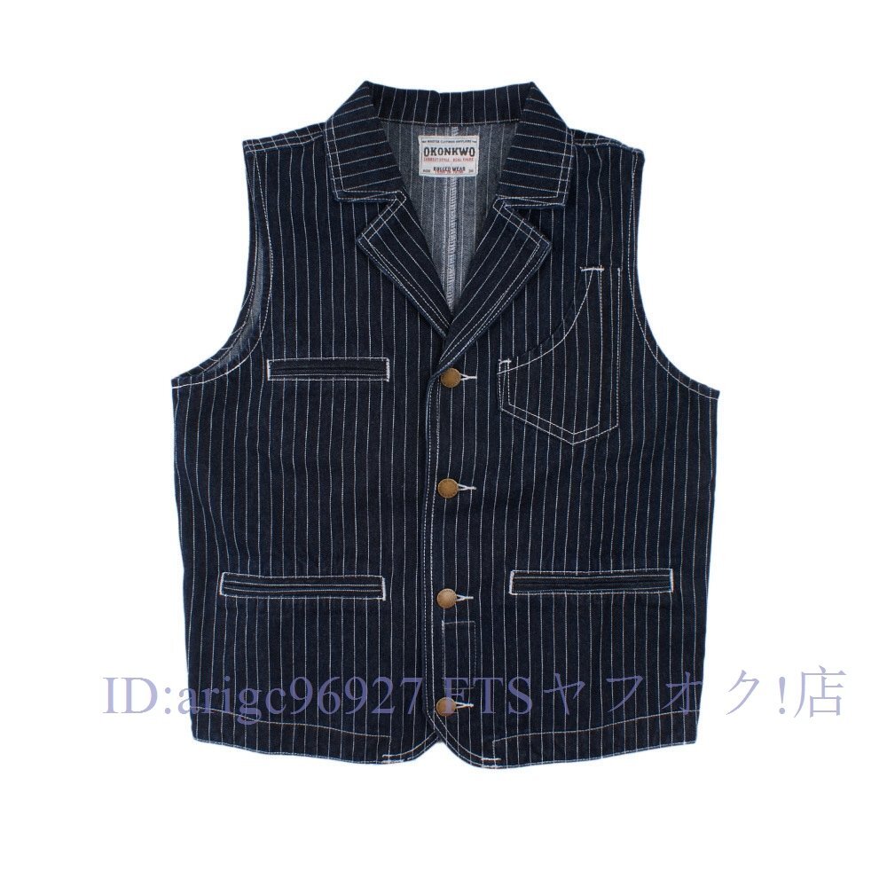 ★新品Tシャツとの相性も良いヴィンテージ復刻モデル ピンストライプデニム ワーク メンズベストジーンズ バイクアメカジ Lサイズ拍卖