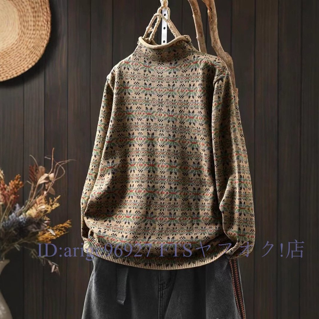 ★新品全プリント花柄 ハーフネック-5 ニット セーター 綿100% ゆったり トップス チュニック 大人可愛 フリーサイズ ナチュラル拍卖