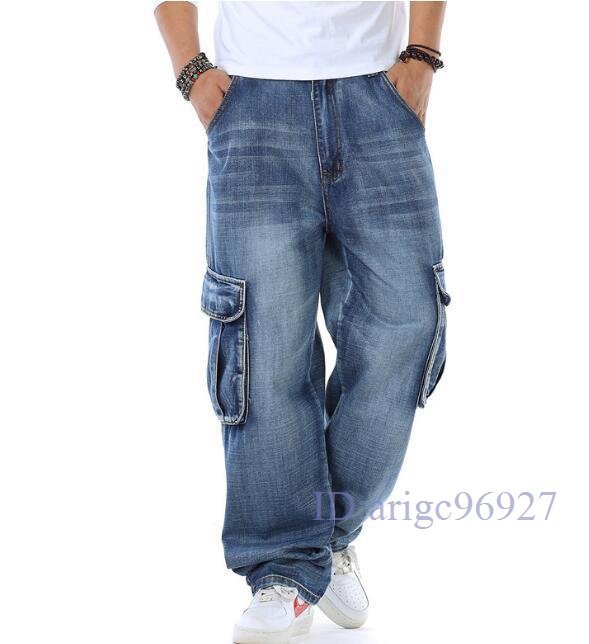 Q846☆新品☆メンズジーンズバギーパンツポケット多いデニムパンツワークパンツ大きいサイズゆったり個性ブルーW30~W46サイズ選択拍卖