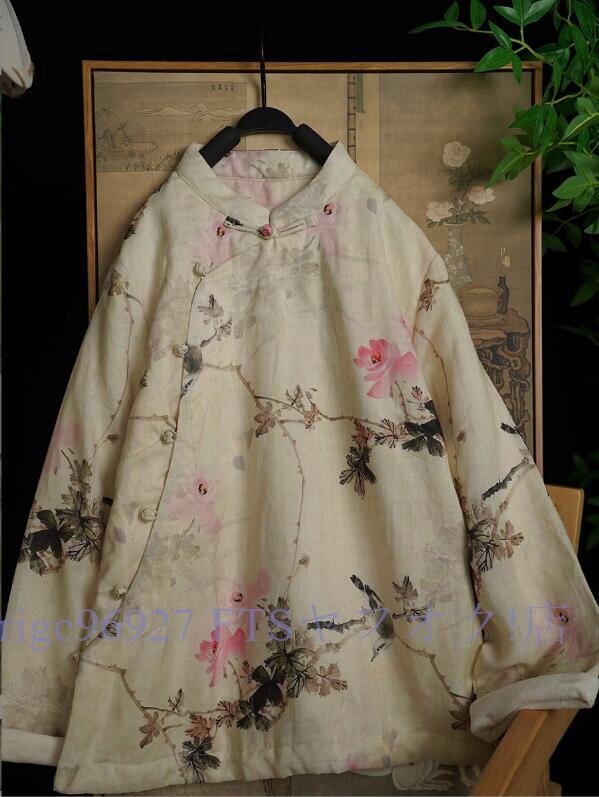B3442☆新品秋冬 プリント花柄 裏起毛 スタンド襟 コート 持ち出し斜め 羽織物 麻100% ゆったり アンティーク風 手作り 暖かい拍卖