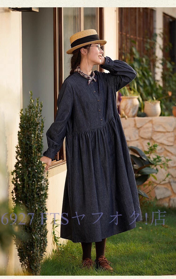 B3170☆新品レトロデニム素材の濃紺ロング丈ワンピ大きいサイズシンプルだけどおしゃれなナチュラルワンピ拍卖