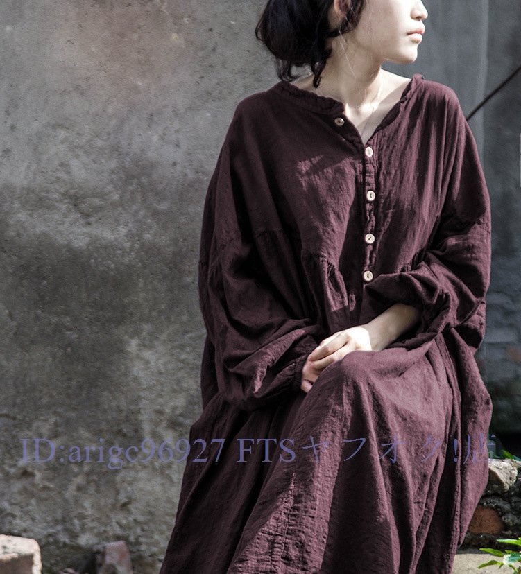 ★新品上質春レディースカジュアル5L6L相当無地コットンリボン体型カバー綿麻ロングワンピース紫お色選択可拍卖