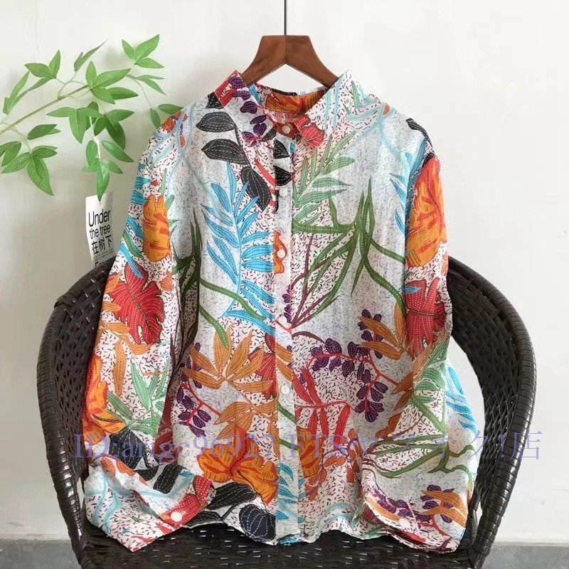 B3162☆新品チュニック ワイシャツ 綿100% コットン ゆったり プリント花柄 オシャレ フリーサイズ ナチュラル 柄拍卖