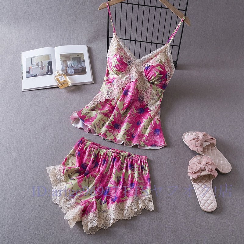 B3068☆新品夏セクシーパジャマ 薄手プリントキャミソールショーツ2点セット パッド付きキャミソール レディースショートパンツ 部屋着拍卖