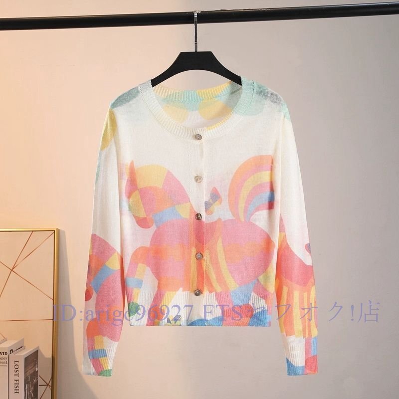★新品薄手 ニット セーター カーディガン アンティーク風 プリント柄 洋服ミックス ロマンファッション ポップ 楽ちん 綿100%拍卖