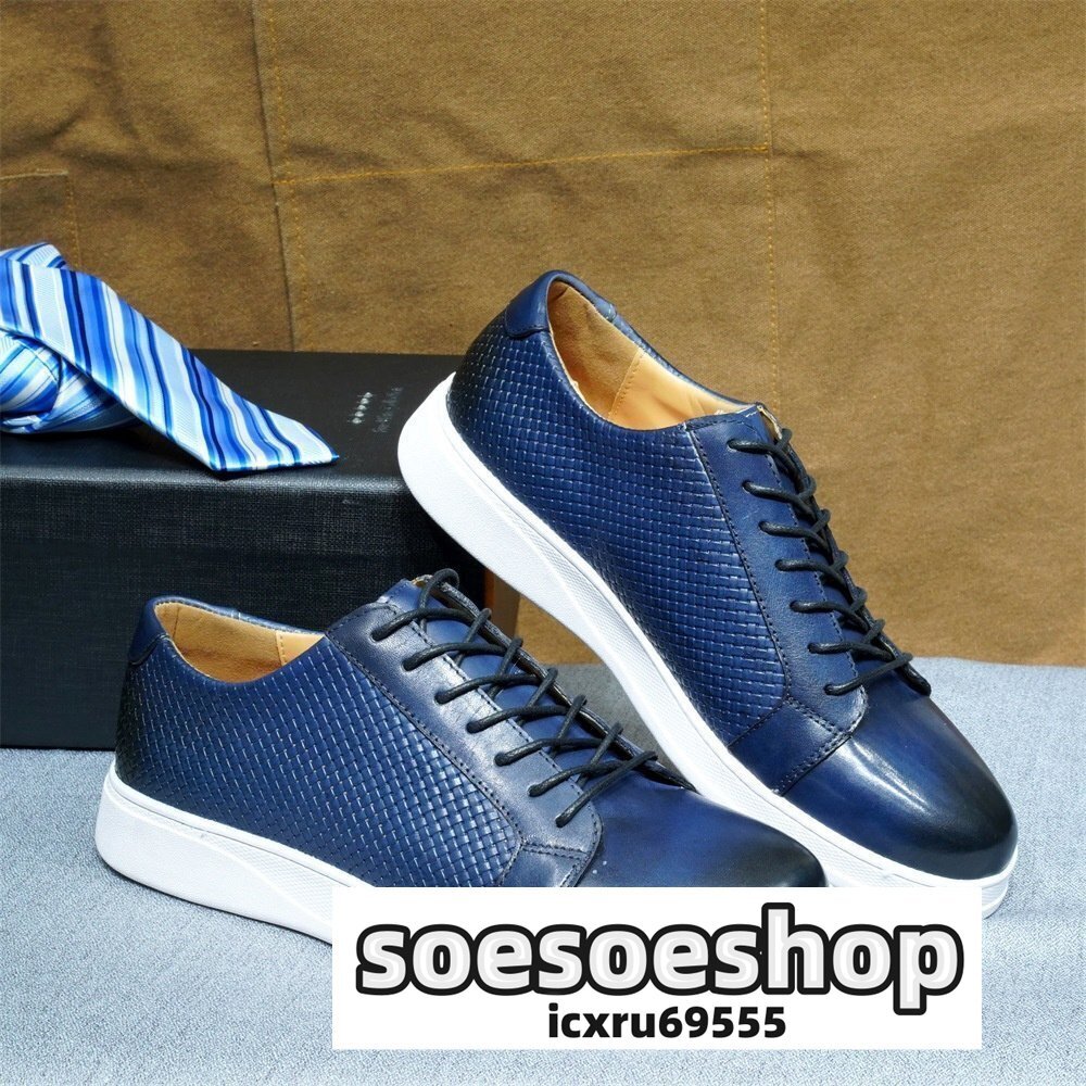 定価8万超◆最高級 スニーカー 本革 レザーシューズ メンズ スリッポン 牛革 ローファー 紳士靴 ビジネスシューズ 革靴 ブルー 28.5cm拍卖