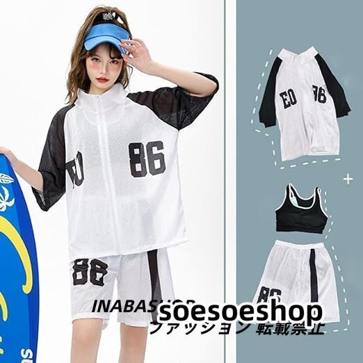 可愛い 半袖 メッシュトップス付き 水着 体型カバー 3点セット ビキニ タンキニ レディース スポーティ水着 セパレート 大人 スイムウェア拍卖