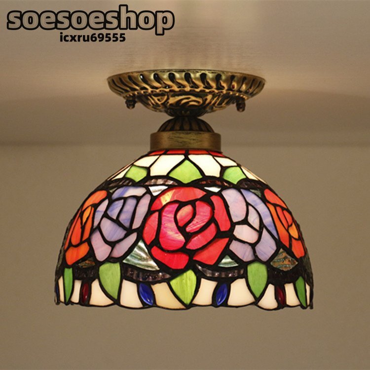 ★芸術品★美品★ステンドランプ シーリングライト ステンドグラス アンティーク 花柄レトロな雰囲気 ティファニー技法 照明拍卖