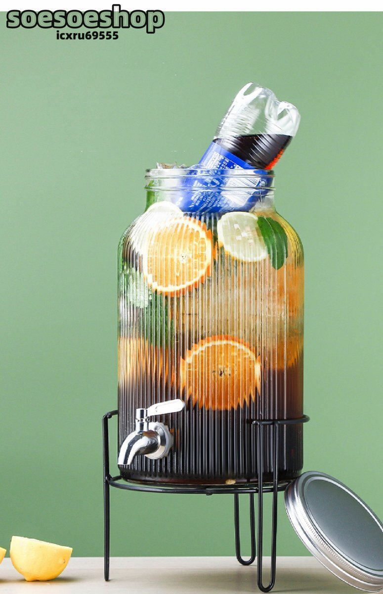 飲食店 家庭用 パーティー ジュース 酒 多人数用 4L 蛇口付き 鉄の樽スタンド付き ガラス ガラス酒瓶 ストライプ拍卖