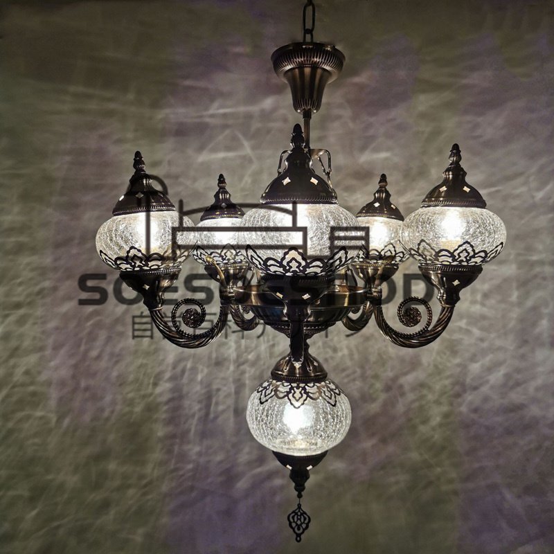手作りトルコランプ クラックガラス 6灯 シャンデリア インテリア 直結タイプ 天井照明 南トルコ細工拍卖