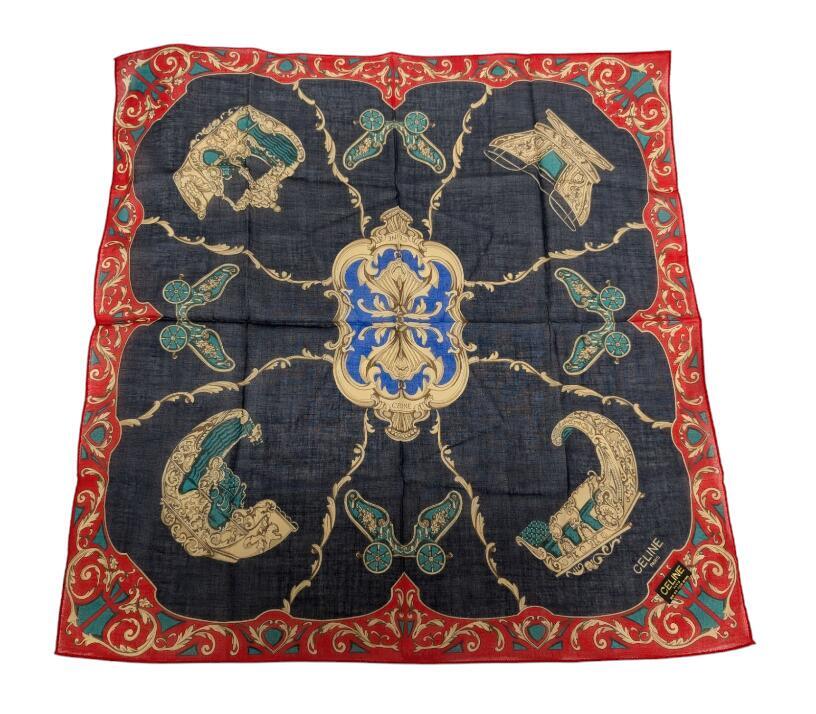 未使用 セリーヌ ハンカチ 紋章 ブラック レッド CELINE スカーフ 綿 100% レディース 【中古】拍卖