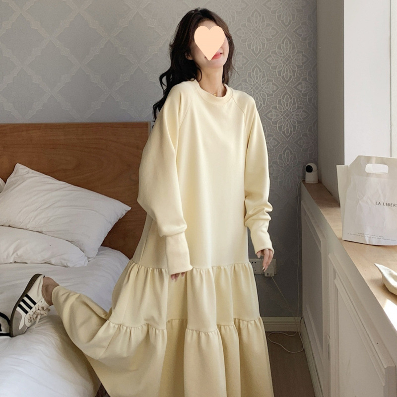 人気品マキシワンピース レディース 長袖 大きいサイズ A型ワンピース 春 秋 冬 クルーネック 大きいサイズ フレア ワンピ(L-4XL)拍卖