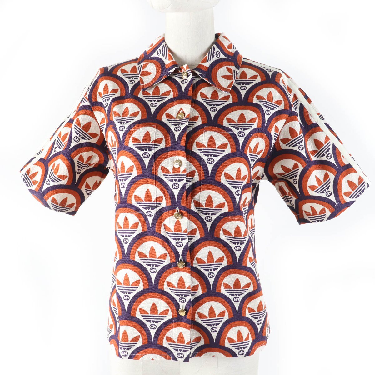 未使用品☆GUCCI×adidas グッチ×アディダス 703002 トレフォイル ロゴ総柄 半袖シャツ オレンジ系 36 イタリア製 正規品 レディース拍卖