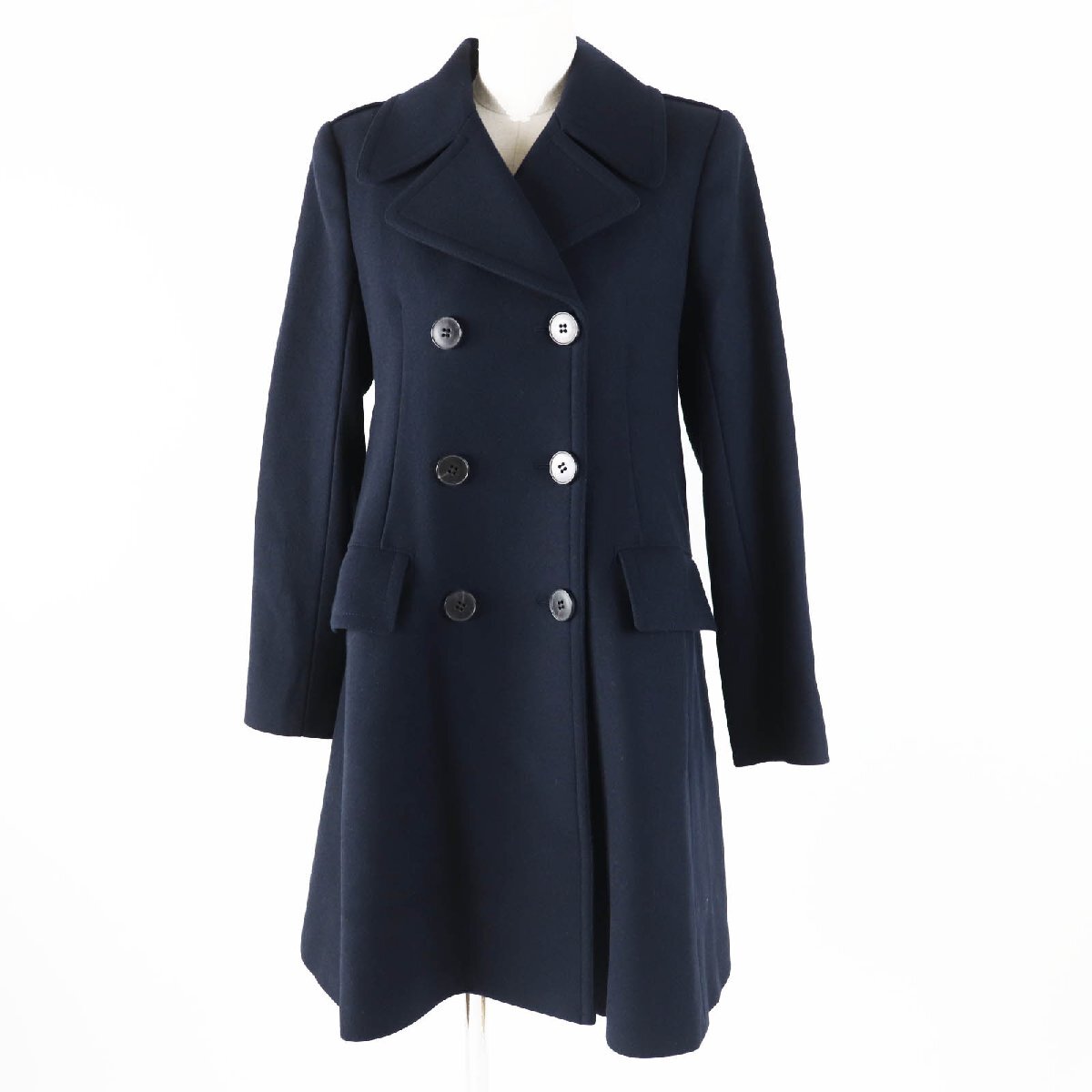 未使用品◎theory セオリー 01-0409603 ウール ナイロン ダブルブレスト ウールコート ダークネイビー S 正規品 レディース拍卖