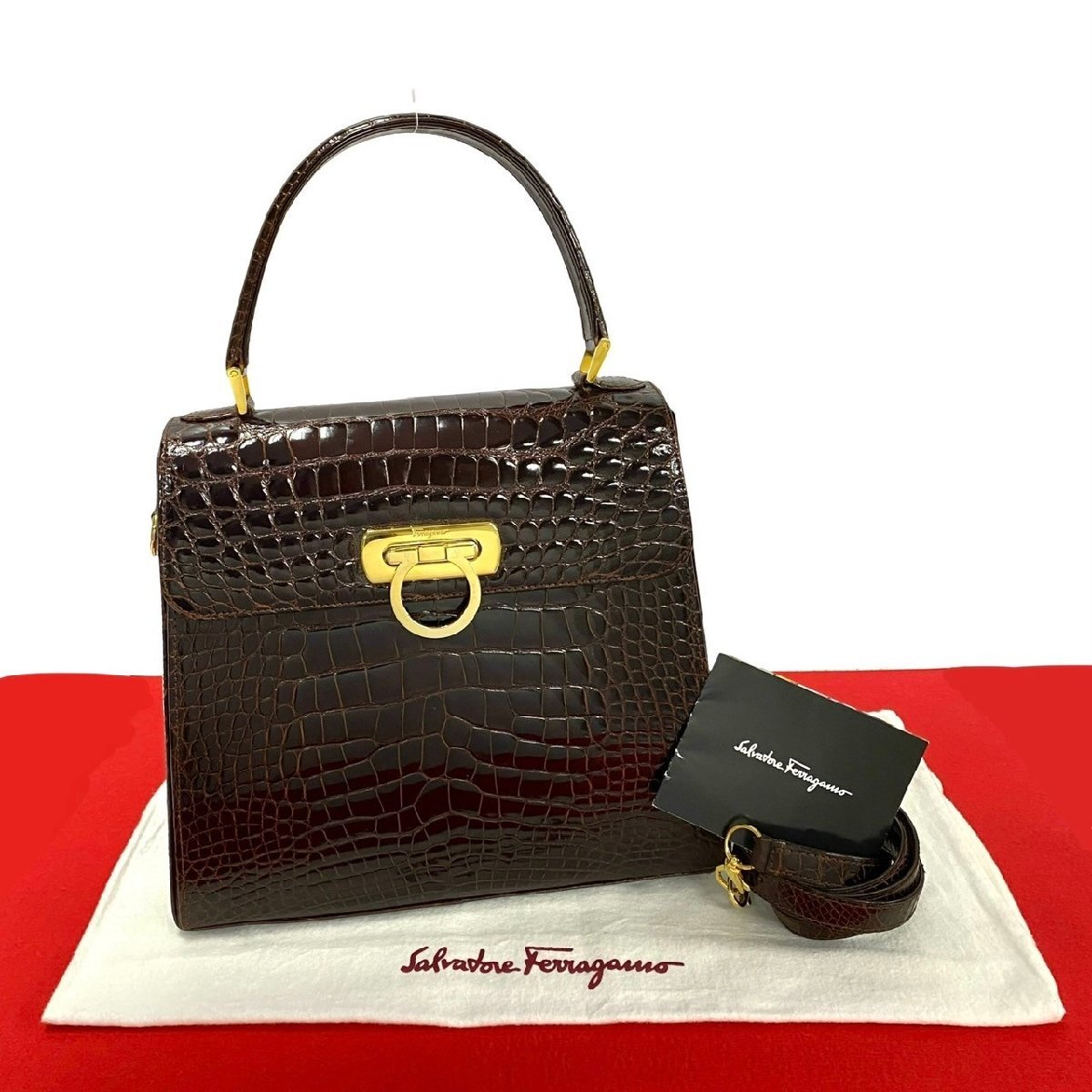 ほぼ未使用 Salvatore Ferragamo サルヴァトーレフェラガモ ガンチーニ クロコ レザー 2way ショルダーバッグ ハンドバッグ ブラウン i29-5拍卖
